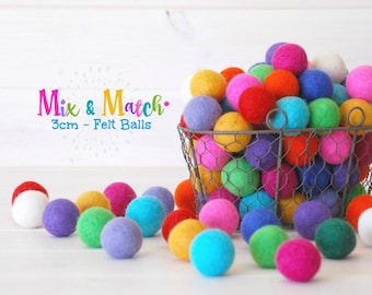 3CM Wool Felt Balls - Mix and Match Pack - 100% Wool Felt Balls - (3cm/30mm) - Colorful Felt Balls - Rainbow Felt Balls - Medium Felt Balls