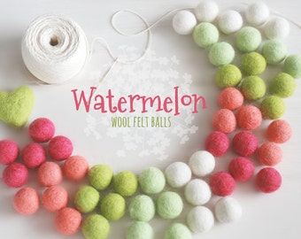 Watermelon Felt Balls  - 100% Wool Felt Balls - 50 Wool Felt Balls - 2cm Felt Balls - Watermelon Garland - Watermelon theme - Watermelon Fun