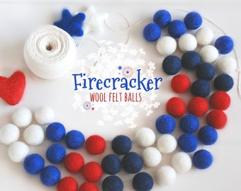 Firecracker Felt Balls  - 100% Wool Felt Balls - 50 Wool Felt Balls -2cm Felt Balls - 4th of July Garland - USA Colors - Patriotic Garland