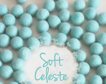 Wool Felt Balls - Size, Approx. 2CM - (18 - 20mm) - 25 Felt Balls Pack - Color Soft Celeste-2015 - Soft Celeste Felt Balls - Celeste Poms