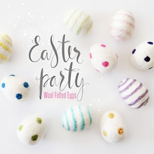 May include: A collection of ten colorful wool felt Easter eggs with various patterns, including stripes, polka dots, and a solid color. The eggs are arranged on a white surface with the text "Easter party" and "Wool Felted Eggs" written in black.