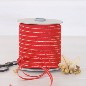 Red Cotton Ribbon with Gold - 109 Yards Spool - Wedding Ribbon - 1/4" Wide - Metallic Cotton Ribbon - DIY Weddings - Gift Wrapping Ribbon