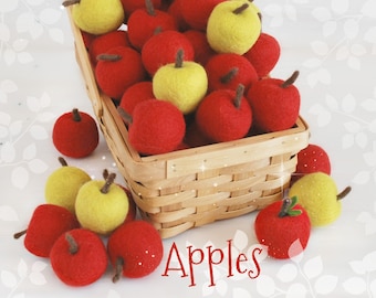 Felted Apples - Wool Felt Apples - Size S,  Approx. 2" x 2.5" - Cute Wool Felt Apples - Wet Felted Apples - Red Felt Apples - Green Apples