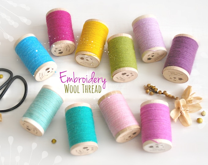 Featured listing image: Rustic Wool Embroidery Thread: Moire Texture on Wooden Spool