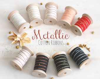 Cotton Ribbon - 5 or 20 Yards - NO SPOOL INCLUDED- 1/4" Wide - Natural Ribbon with Rose Gold - Metallic Cotton Ribbons - Cotton Ribbons