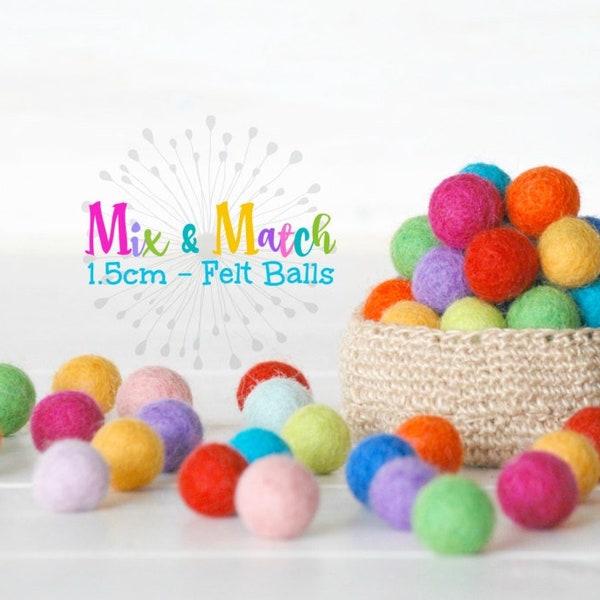 1.5CM - Tiny Wool Felt Balls - Colorful Felt Balls - 1.5CM Felt Balls - (15mm) - 100% Wool Felt Pom Poms- Mix and Match - 25, 50, 75 or 100