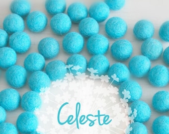 Wool Felt Balls - Size, Approx. 2CM - (18 - 20mm) - 25 Felt Balls Pack - Color Celeste-2020 - Celeste Felt Pom Poms - Cyan Color Felt Balls