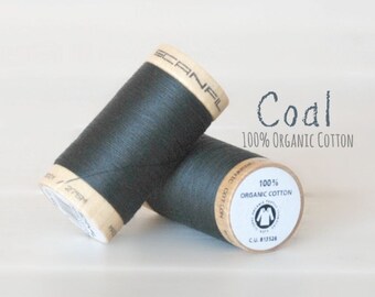 Cotton Thread GOTS - 300 Yards Wooden Spool  - Thread Color Coal (Charcoal) - No. 4833- Eco Friendly Thread - 100% Cotton Thread