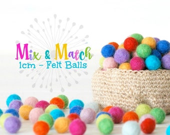 1CM - Tiny Wool Felt Balls - 25, 50, 100 - Colorful Felt Balls - 1CM Wool Felt Balls  (10mm) - 100% Wool Felt Pom Poms - Mix and Match