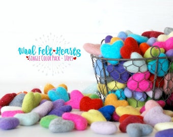 Wool Felt Hearts - 10 Wool Felt Hearts - (3-4CM/30-40MM) - 10 Felted Hearts - Wet Felted Hearts - Single Color Bundle - Choose a Color