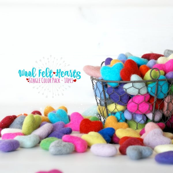 Wool Felt Hearts - 10 Wool Felt Hearts - (3-4CM/30-40MM) - 10 Felted Hearts - Wet Felted Hearts - Single Color Bundle - Choose a Color