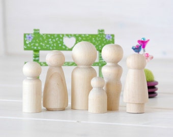 Family of 6 Wooden Peg Dolls - Unfinished Wooden People - Medium Family wooden peg dolls in a Muslin Bag - Set of 6 - DIY Crafts