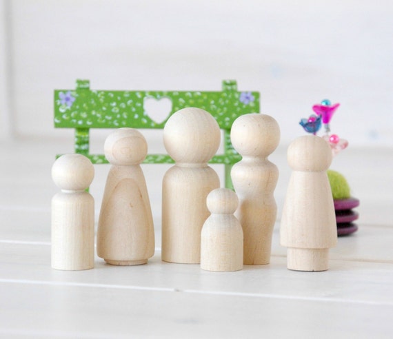 Family of 6 Wooden Peg Dolls Unfinished Wooden People Medium