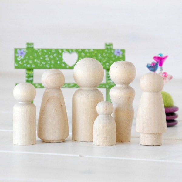 Family of 6 Wooden Peg Dolls - Unfinished Wooden People - Medium Family wooden peg dolls in a Muslin Bag - Set of 6 - DIY Crafts