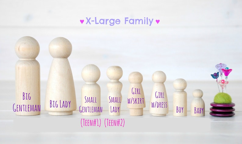 Family of 8 Wooden Peg Dolls Unfinished Wooden People Large Family wooden peg dolls Set of 8 Wooden Family DIY Crafts image 3