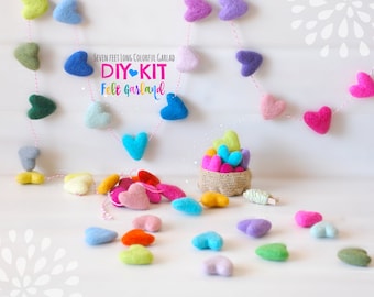 DIY Garland Kit - Felt Heart Garland - DIY Kit - Colorful Garland - 30 Felted Hearts - Heart Party Decor Garland - 7' Felt Ball Garland -DIY