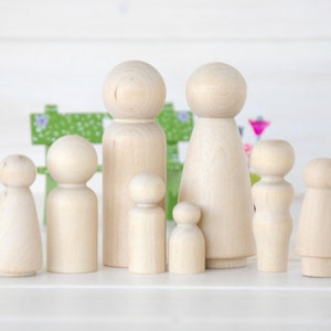 Family of 8 Wooden Peg Dolls Unfinished Wooden People Large Family wooden peg dolls Set of 8 Wooden Family DIY Crafts image 1