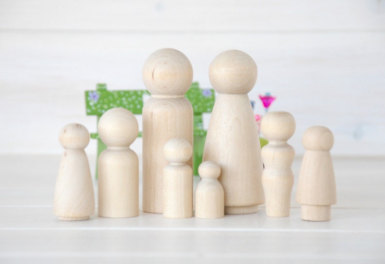 Family of 8 Wooden Peg Dolls Unfinished Wooden People Large Family wooden peg dolls Set of 8 Wooden Family DIY Crafts image 1