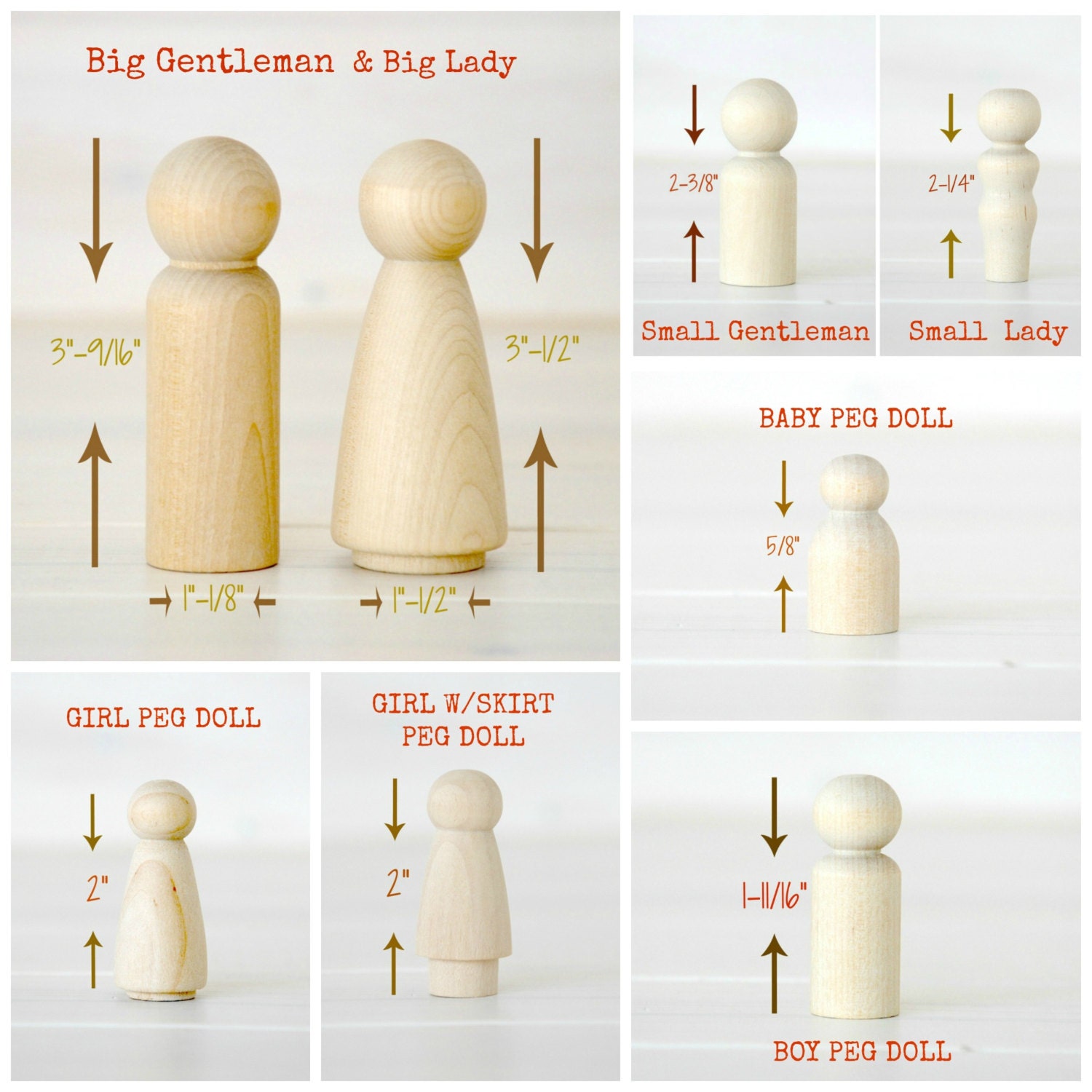 5 Families of 8 Wooden Peg Dolls - Unfinished Wooden People