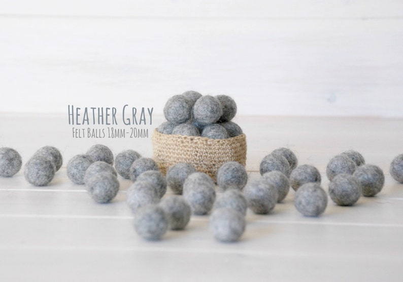 Wool Felt Balls Size, Approx. 2CM 18 20mm 25 Felt Balls Pack Color Heather Gray-9020 2CM Heather Grey Color Felt Balls Poms image 2