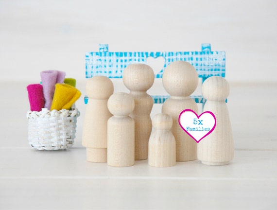 Family of 6 Wooden Peg Dolls Unfinished Wooden People Medium