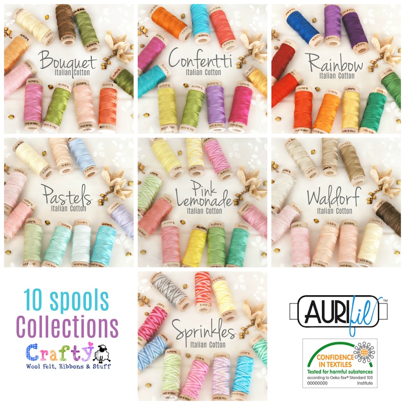 May include: A collection of ten spools of Italian cotton thread in various colors, arranged in a grid. Each spool is labeled with a color name, such as "Bouquet," "Confetti," and "Rainbow." The image includes the "Crafty" logo and the "Aurifil" logo.