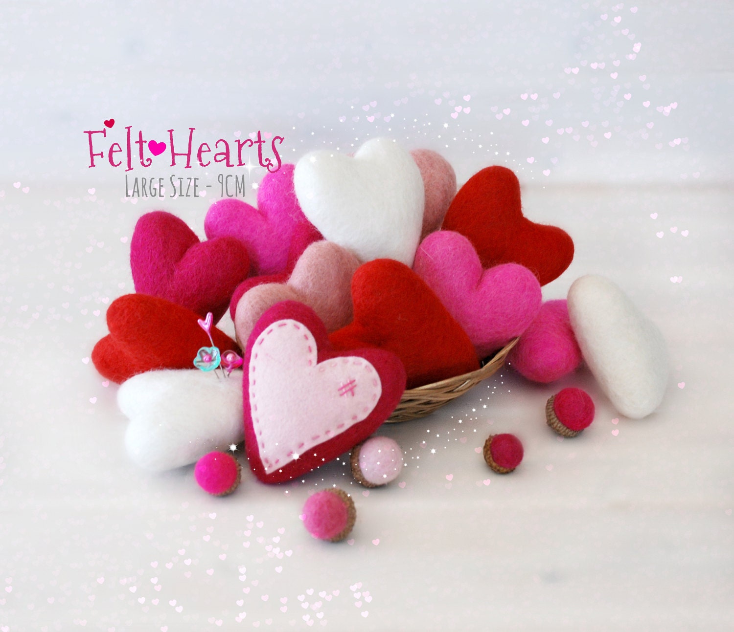 Felt Hearts - Large and Medium Wool Felt Hearts - 9cm Wet Felted