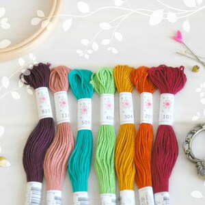 May include: Seven spools of embroidery floss in various colors, including burgundy, pink, teal, green, orange, red, and maroon. Each spool has a white label with a flower design and a number printed on it. The numbers are 810, 110, 504, 404, 304, 203, and 103.