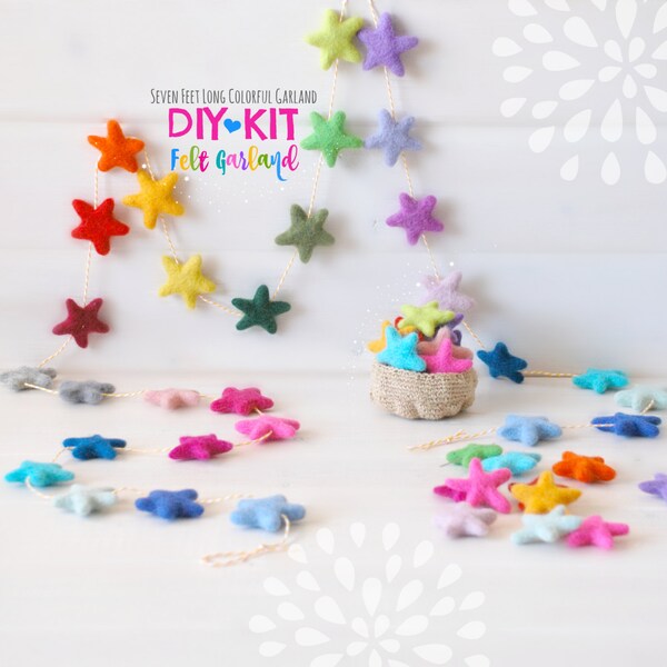 DIY Garland Kit - Felt Star Garland - DIY Kit - Colorful Garland - 30 Stars - tars Garland - Party Decor Garland - 7' Felt Ball Garland