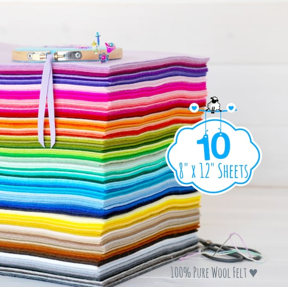 Merino Wool Felt Sheets - 10 Pack, Assorted Colors (8x12")