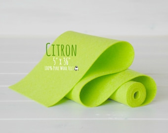 100% Merino Wool Felt Roll - 5" x 36" Roll - Wool Felt Color Citron -1110 - Neon Green Felt - Pure Merino Wool -  Citron Color Wool Felt