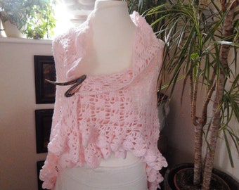 Hand crochet shawl, long crochet shawl, pink crochet shawl, OOAK shawl