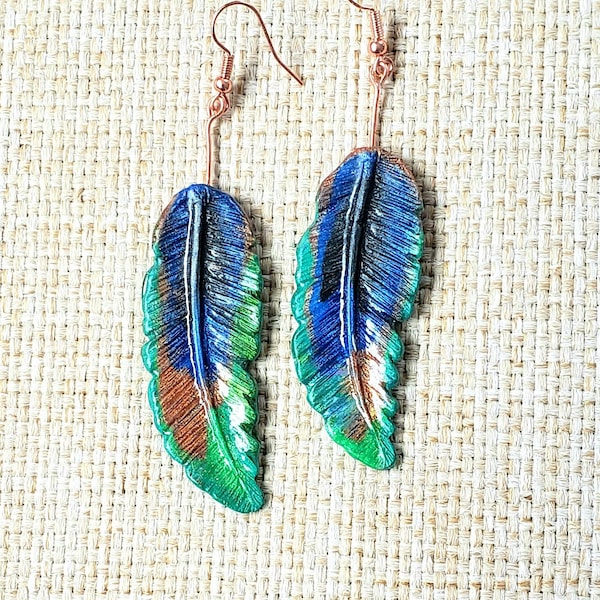 Peacock Feather Earrings Peacock Colors Long Esrrings Exotic Feather Jewelry Bird Lovers Gifts Abstract Desgin Gifts Jewelry Gifts for Her