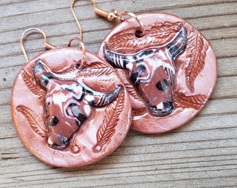 Bull Skull Earrings/Cow Steer Skull Jewelry/Southwestern Western Dangle Earrings/Cowgirl Accessories/Western Jewelry/Colorful Rodeo Earrings