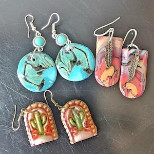 Western Earrings/Faux Turquoise Earrings Jewelry/Feather Earrings/Desert Cactus Scene/Southwestern Dangle Earrings/Cowgirl Accessories