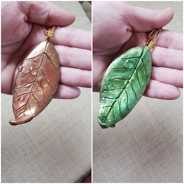 Leaf Pendant Necklace Versatile Reversible Two Sided Pendant Leaf with Raindrops Dew Drops Autumn Fall Colors Long Chain Necklace Handmade