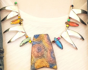 Bib Necklace/Chunky Pendant Necklace/Vintage Jewelry/Upcycled Jewelry/Nold Statement Necklace Unique Jewelry Gifts/Handmade Clay Jewelry
