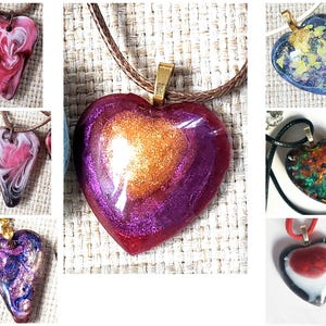 Heart Pendant Necklaces/Resin Pendants/Colorful Hearts/Resin Jewelry/Glass Hearts/Puffy Heart Charm/Unique Handmade Jewelry/7 Choices
