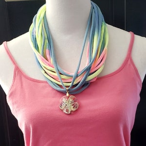 Infinity Scarf Necklace/Resin Pendant/Upcycled Fabric T-shirts/Loop Scarf Necklace/Dual Purpose/Handmade Beads/Casual Wear Accessories