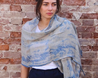 Linen scarf, shibori-dyed with natural organic indigo dye. Unbleached raw linen and indigo blue, tie-dye, resist dyed scarf, Valentine gift.