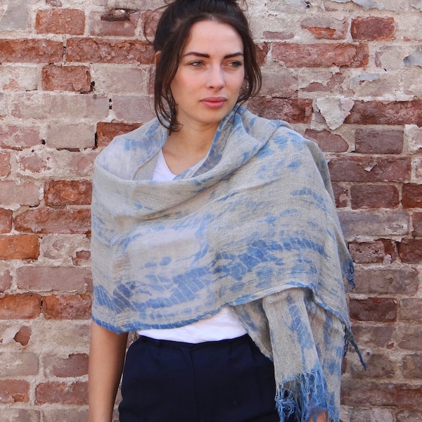 Linen scarf, shibori-dyed with natural organic indigo dye. Unbleached raw linen and indigo blue, tie-dye, resist dyed scarf, Valentine gift.