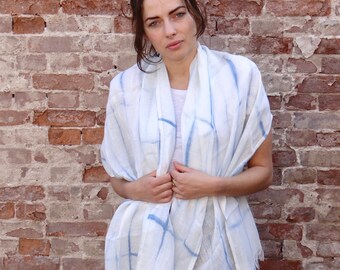 Fine linen scarf, shibori-dyed with natural organic indigo dye. White and indigo blue, tie-dye, resist dyed scarf pure linen, gift idea.