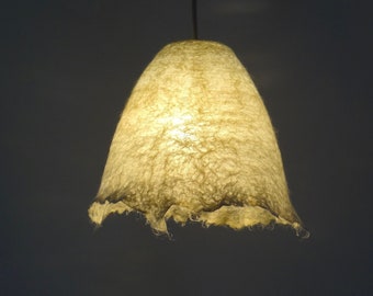 Felted lamp, handfelted lampshade, felted natural warm white hanging lamp, felted wool pendant light. Raw wool lamp, made to order.