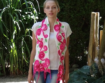 Wool scarf, white pink and red Jugendstil-inspired floral motif, handmade felt with wool & silk.