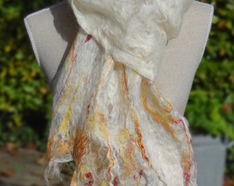 Scarf, handfelted mohair, white with silk fibres in autumn colours, handmade cobweb felt. Valentine's or birthday gift idea.