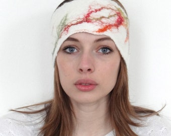 headband, turban, white with red, green & orange handmade felt with red, green and orange silk fibres. Valentine gift.