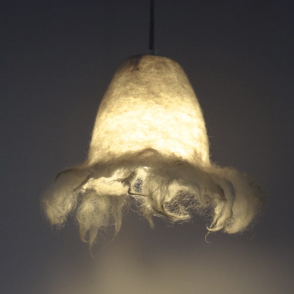 Handfelted lampshade, pendant light, natural white hanging lamp, felted wool with furry brim.