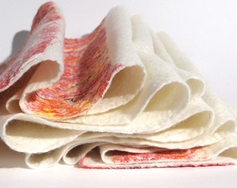 Scarf, wool/silk blend, white with shades of orange. Delicate handmade felt, soft and warm. Valentine's  gift idea.