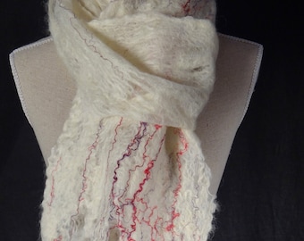 Scarf, handmade cobweb felt, white with red & purple silk yarn. Handfelted Wensleydle wool. Lovely Valentine's day gift idea.