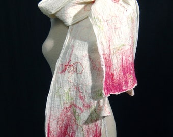 Handfelted scarf, White and pink nunofelt with wool and silk on cotton voile fabric. Warm and soft, Valentine's day gift idea.
